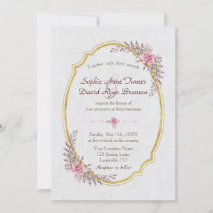 Invitation Chic Blush Floral Gold Frame Blanc Mariage Invite