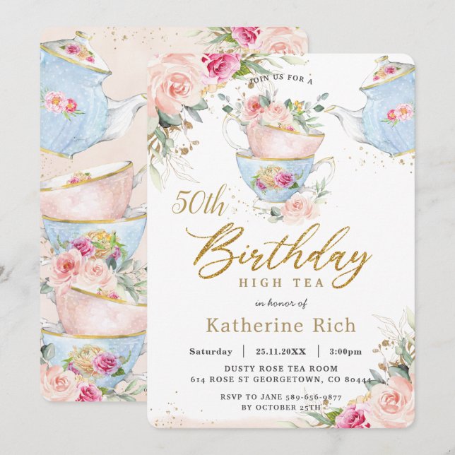 Invitation Chic Blush Floral High Tea Anniversaire Fête TOUT  (Devant / Derrière)