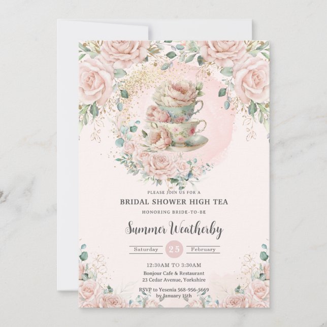 Invitation Chic Blush Floral High Tea Party Fête des mariées (Devant)
