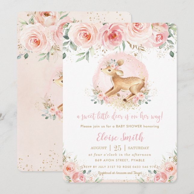 Invitation Chic Blush Floral mignon Bébé Cerf Fille Baby show (Devant / Derrière)