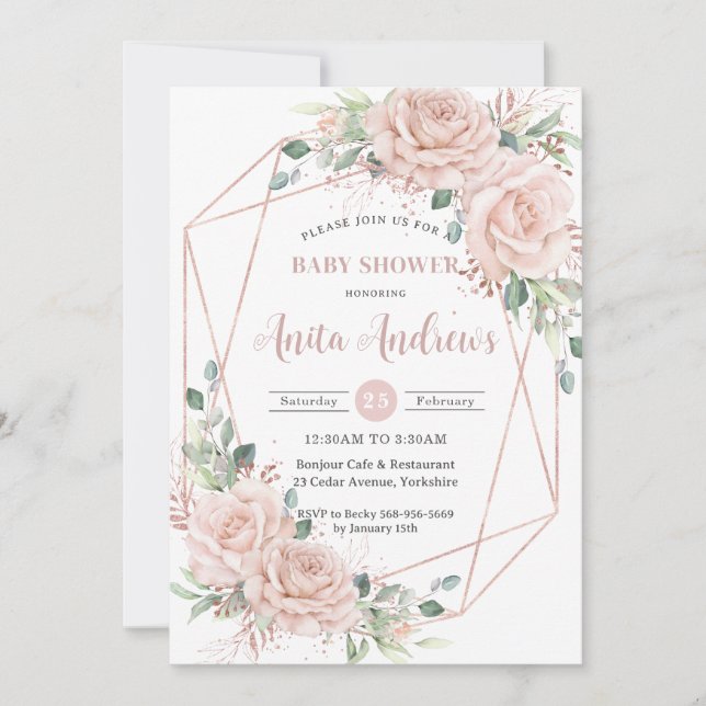 Invitation Chic Blush Floral Rose Baby shower or QR Code (Devant)