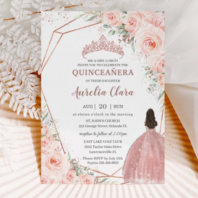 Invitation Chic Blush Floral Rose Gold Quinceañera Princesse (Créateur téléchargé)