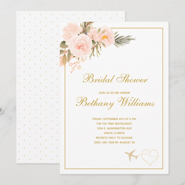 Invitation Chic Blush floral Voyage nuptiale douche Invitatio (Devant / Derrière)