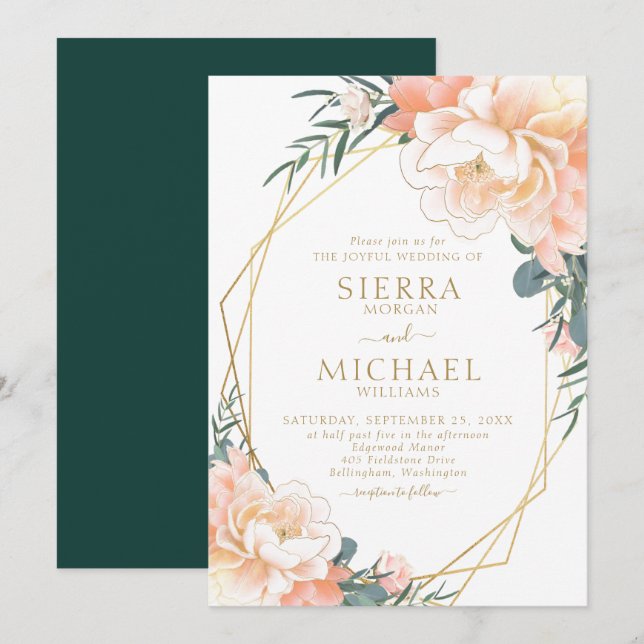 Invitation Chic Blush Gold Peach Emerald Green FlorMariage (Devant / Derrière)