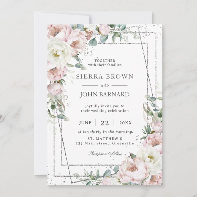 Invitation Chic Blush ivoire pivoines Floral Mariage géométri (Devant)