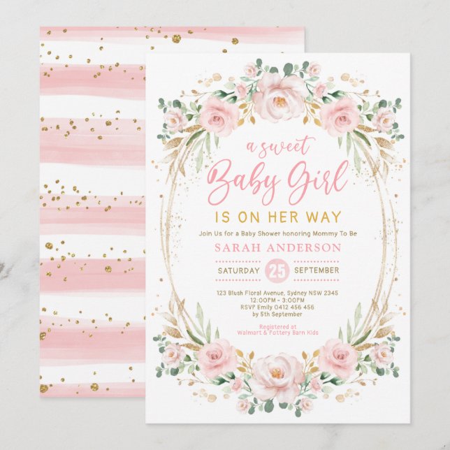 Invitation Chic Blush or rose Floral Doux bébé fille Douche (Devant / Derrière)