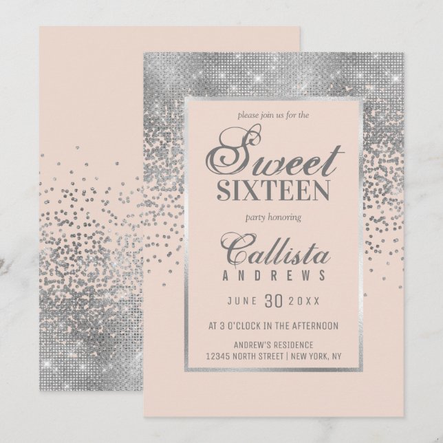 Invitation Chic Blush rose argent Parties scintillant Confett (Devant / Derrière)