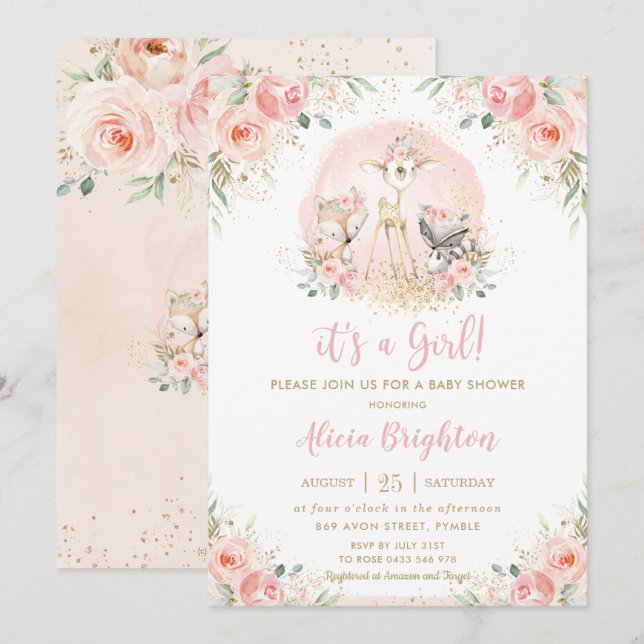 Invitation Chic Blush rose Floral Baby shower Fille Bois (Devant / Derrière)