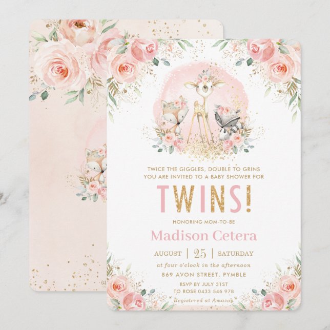 Invitation Chic Blush rose Floral Baby shower Twins (Devant / Derrière)