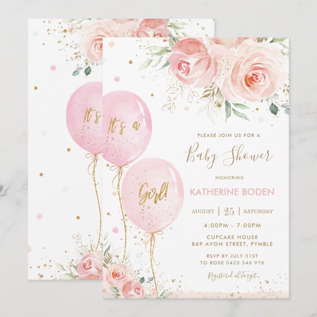 Invitation Chic Blush rose Floral Ballons Baby shower Or (Devant / Derrière)