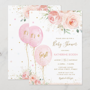 Invitation Chic Blush rose Floral Ballons Baby shower Or