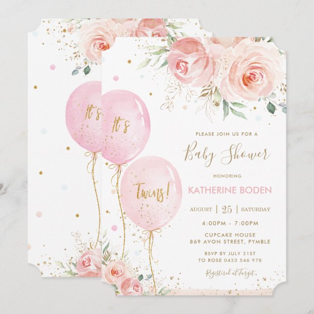 Invitation Chic Blush rose Floral Balloons Baby shower jumeau (Devant / Derrière)