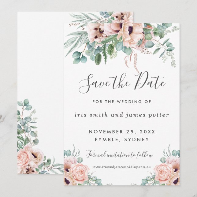 Invitation Chic Blush Rose Floral Greenery Enregistrer la car (Devant / Derrière)
