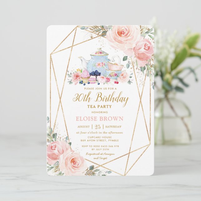 Invitation Chic Blush Rose Floral High Tea Fête Anniversaire (Debout devant)