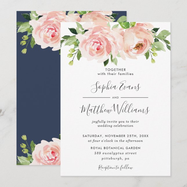 Invitation Chic Blush rose Floral Mariage (Devant / Derrière)