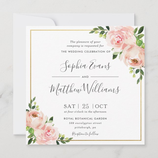 Invitation Chic Blush rose Floral Mariage or (Devant)