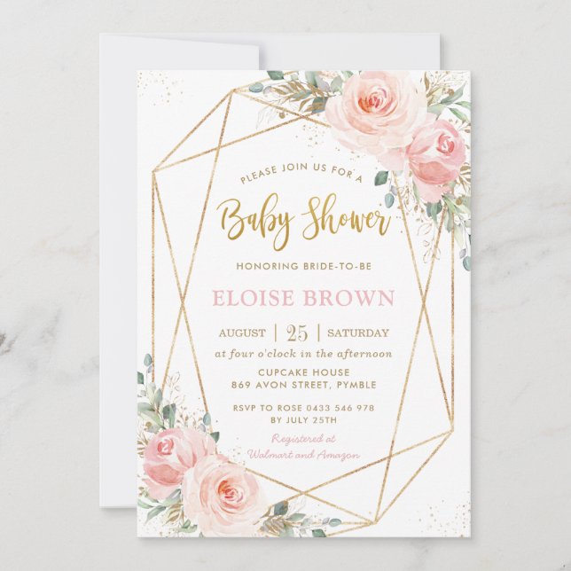 Invitation Chic Blush rose Floral or Baby shower géométrique (Devant)