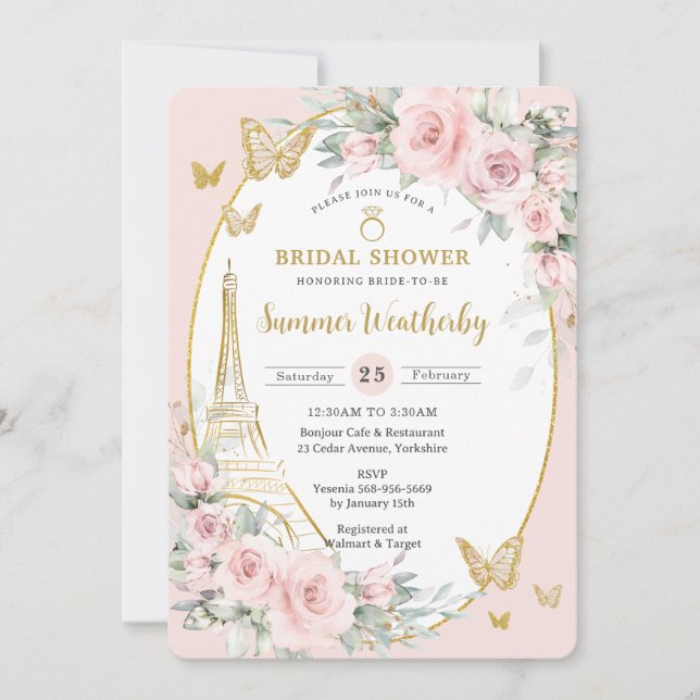Invitation Chic Blush Rose Floral Paris Eiffel Fête des marié (Devant)