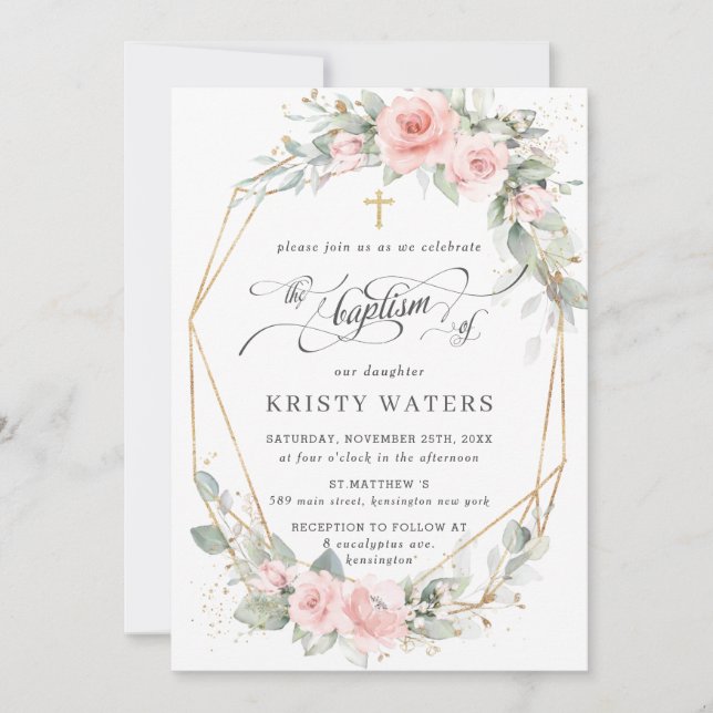 Invitation Chic Blush rose Floral Vert Baptême Géométrique (Devant)