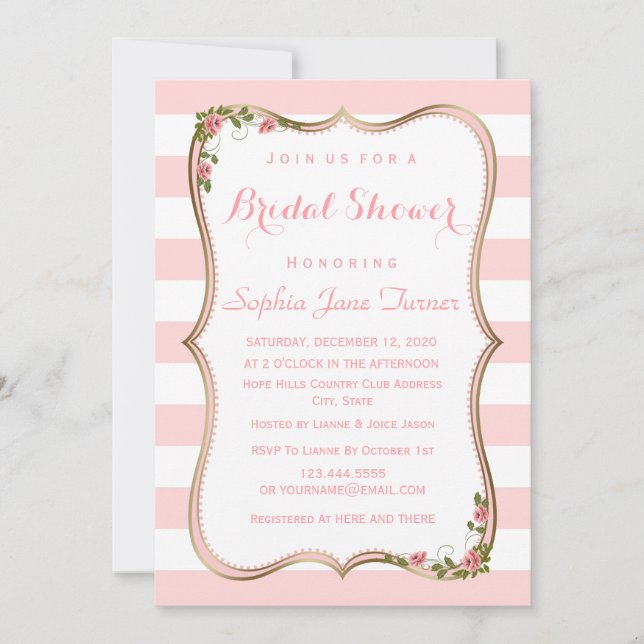 Invitation Chic Blush Stripes Gold Floral Fête des mariées (Devant)
