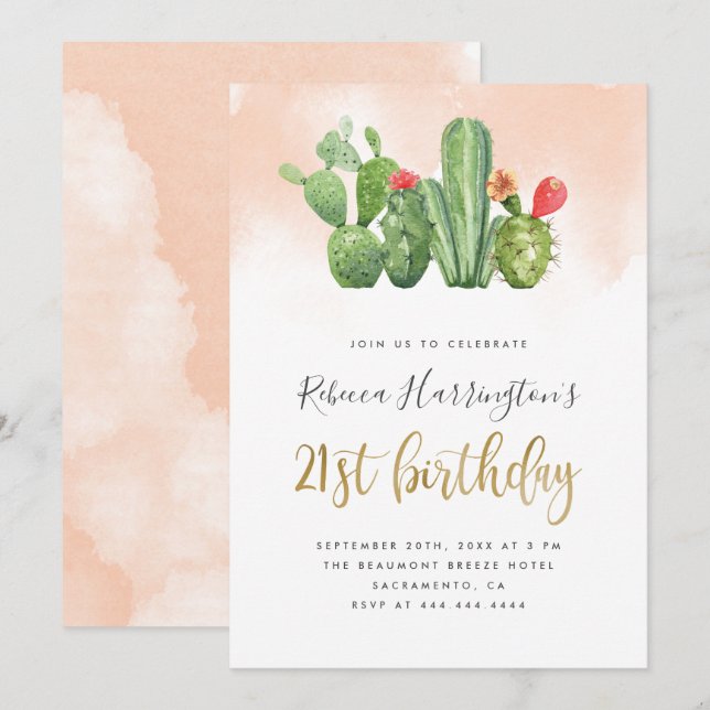 Invitation Chic Blush Watercolor & Cactus 21e anniversaire (Devant / Derrière)