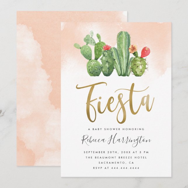 Invitation Chic Blush Watercolor & Cactus Fiesta Baby shower (Devant / Derrière)