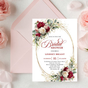 Invitation Chic Bohème Fleurs Rouges Blanches Or Fête de Mari