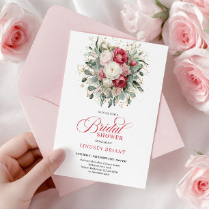 Invitation Chic Bohème Roses Rouges Blanches Or Fête de Maria