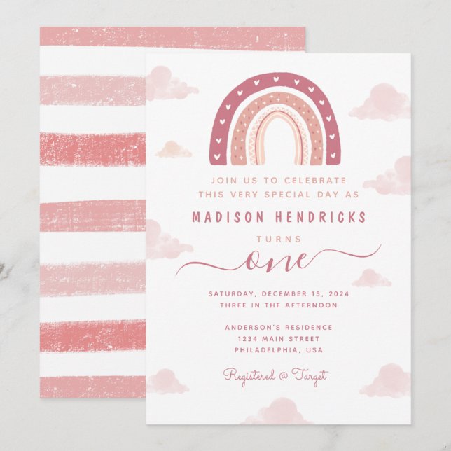 Invitation Chic Boho arc en ciel et nuages Pastel rose Annive (Devant / Derrière)