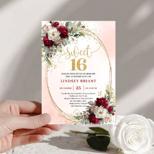 Invitation Chic Boho Bourgogne Blush Or Floral Sweet Sixteen