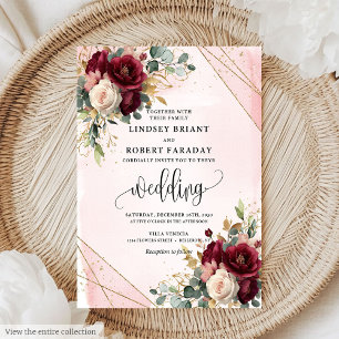Invitation Chic Boho Deep Red Gold White Flowers Mariage