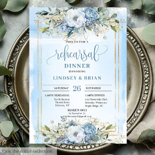 Invitation Chic Boho Dusty Blue White Peony Dîner de répétiti