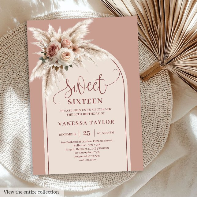 Invitation Chic Boho Dusty Rose Pampas Floral Arch Sixteen (Chic Boho Dusty Rose Pampas Floral Arch Invite Sixteen

)