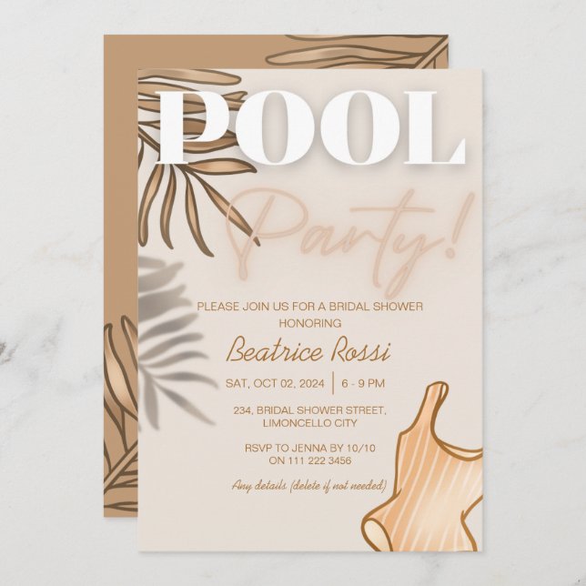 Invitation Chic Boho Fête des mariées Beige Pool Party (Devant / Derrière)