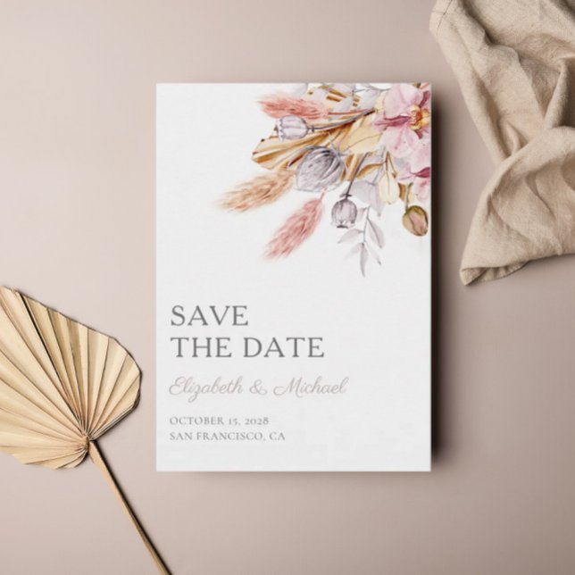 Invitation Chic Boho Floral Pampas Grass Enregistrer la date (Créateur téléchargé)
