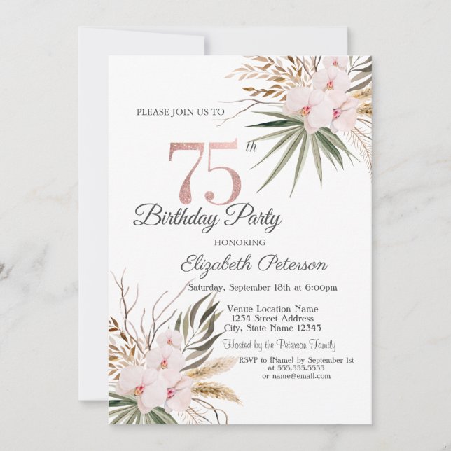 Invitation Chic Boho Flowers 75th Birthday (Devant)