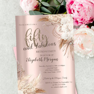 Invitation Chic Boho Flowers Rose Gold 50e fête d'anniversair