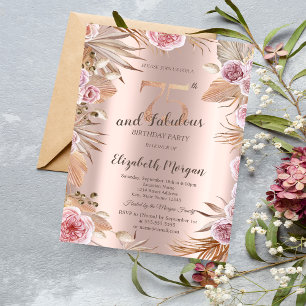 Invitation Chic Boho Flowers Rose Gold 75e anniversaire