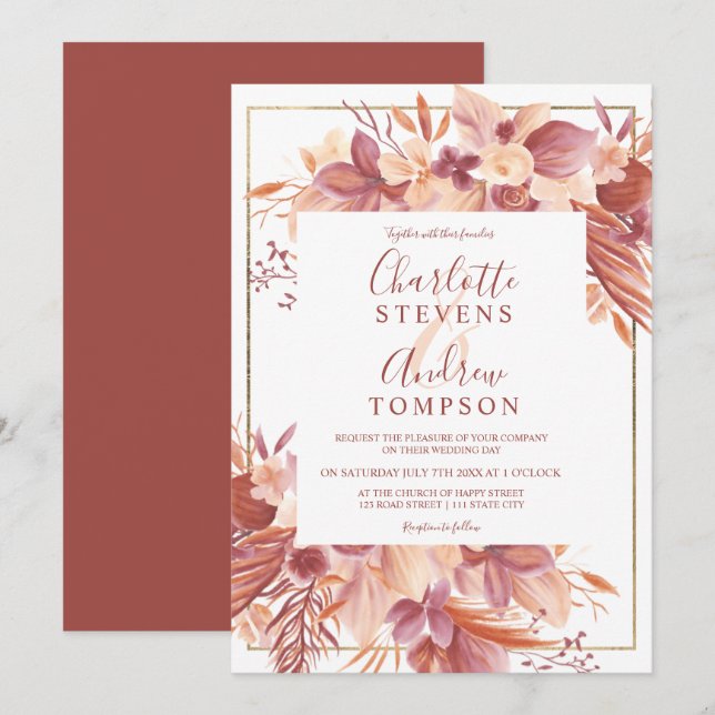 Invitation Chic boho mariage d'aquarelle fleurie en terre cui (Devant / Derrière)