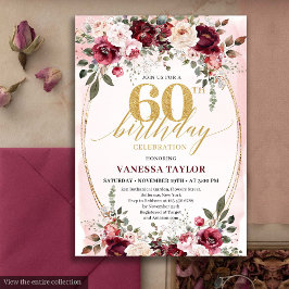 Invitation Chic Boho Maroon Gold Floral 60th Birthday Invite