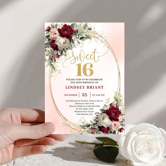 Invitation Chic Boho Marsala Gold Floral 16th Birthday Invite (Chic Boho Marsala Gold Floral 16th Birthday Invitation)