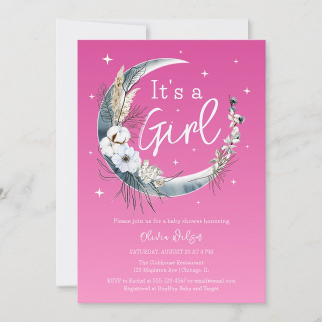 Invitation Chic Boho Pampas Baby shower de lune d'herbe (Devant)