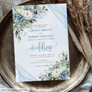 Invitation Chic Boho Pastel Blue Silver Flowers Mariage