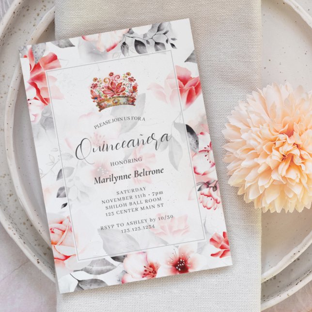 Invitation Chic Boho Rouge Floral Quinceañera (Créateur téléchargé)