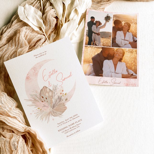 Invitation Chic boho rustique pampas floral lune photo mariag (Créateur téléchargé)