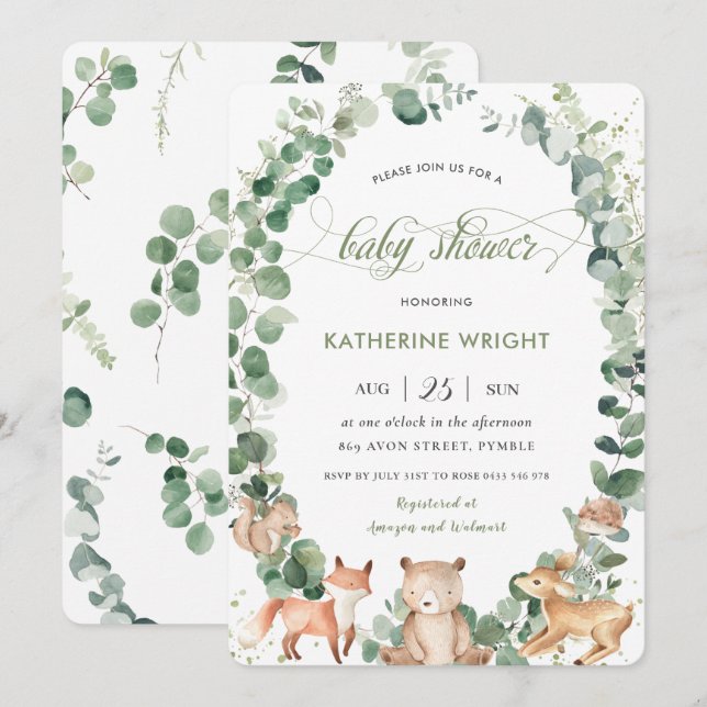 Invitation Chic Bois Animaux Végétation Baby shower Neutre (Devant / Derrière)
