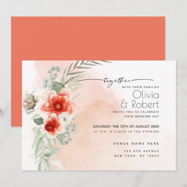 Invitation Chic Bold Aquarelle Fleurs de corail écarlate (Devant / Derrière)