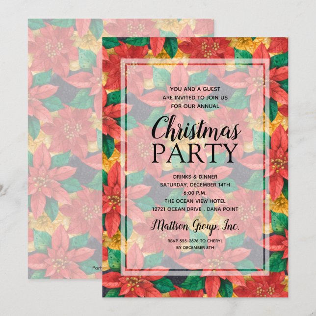 Invitation Chic Bold Poinsettias Noël Party (Devant / Derrière)