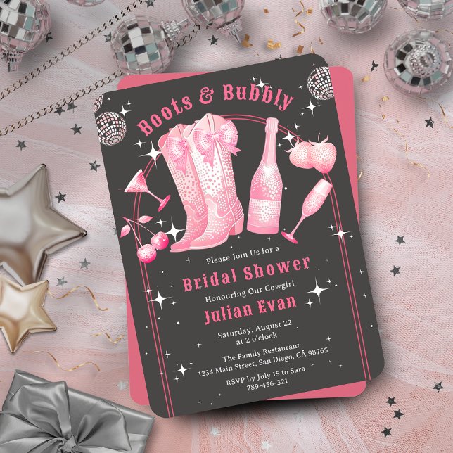 Invitation Chic Boots & Bubbly Cowgirl Fête des mariées rose (Chic Boots & Bubbly Cowgirl Pink Bridal Shower Invitation)