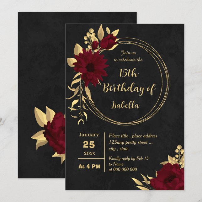 Invitation Chic bordeaux et or noir fête d'anniversaire (Devant / Derrière)